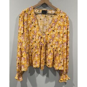 ASOS Design Curve Size U.S. 18 Long Sleeve Tie Front Shirred Cuff Floral Blouse